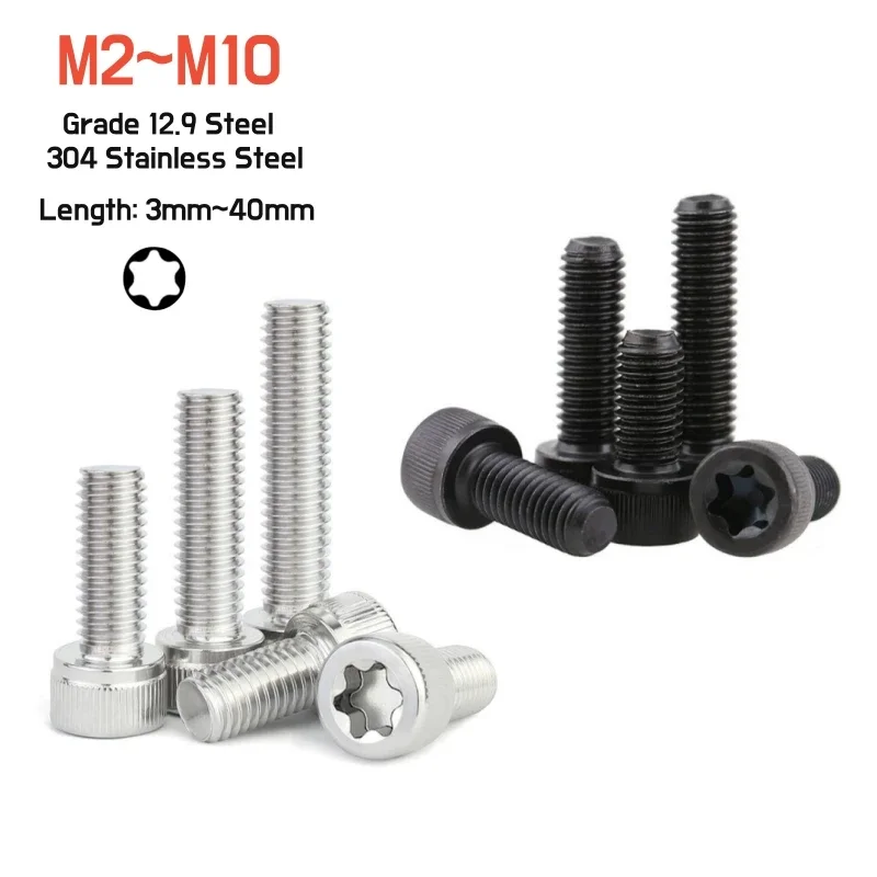 Hex Socket Torx Head Screws M2 M2.5 M3 M4 M5 M6 M8 M10 Black Grade 12.9 Steel/304 Stainless Steel Six Lobe Security Head Bolts
