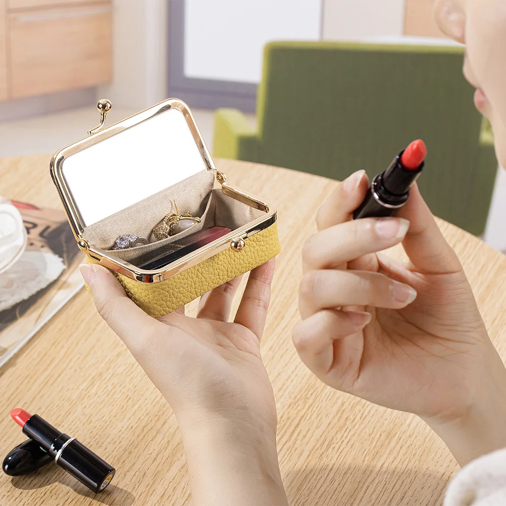Elegant Exquisite Genuine Leather Lipstick Organizer Coin Purses, Luxury Mini Jewelry Case with Mirror for Women, Perfect Gift