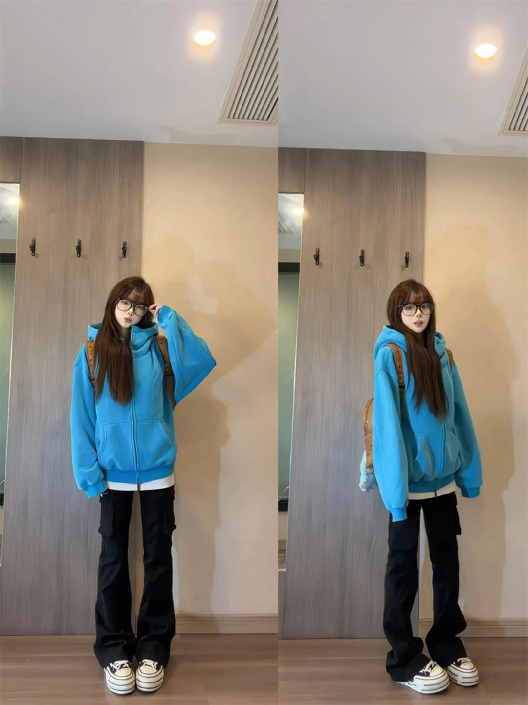 American Wash Blue Letter Embroidery High Collar Hoodie Women Early Autumn Loose Casual Versatile Open Cardigan Jacket