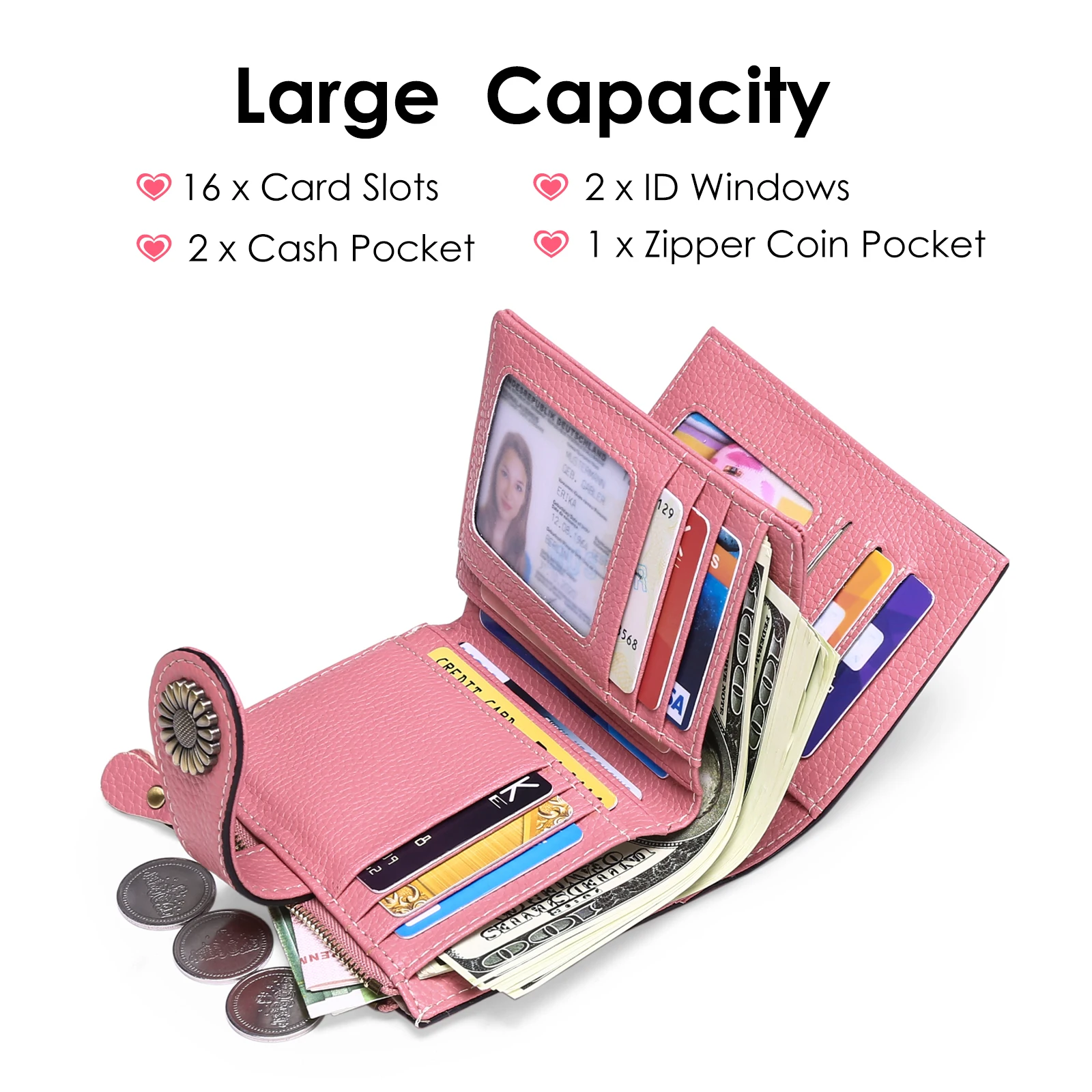 Small Women Wallet Bifold RFID Blocking Genuine Leather Short Ladies Purse Zipper Coin Pocket Card Cash Holder with ID Window