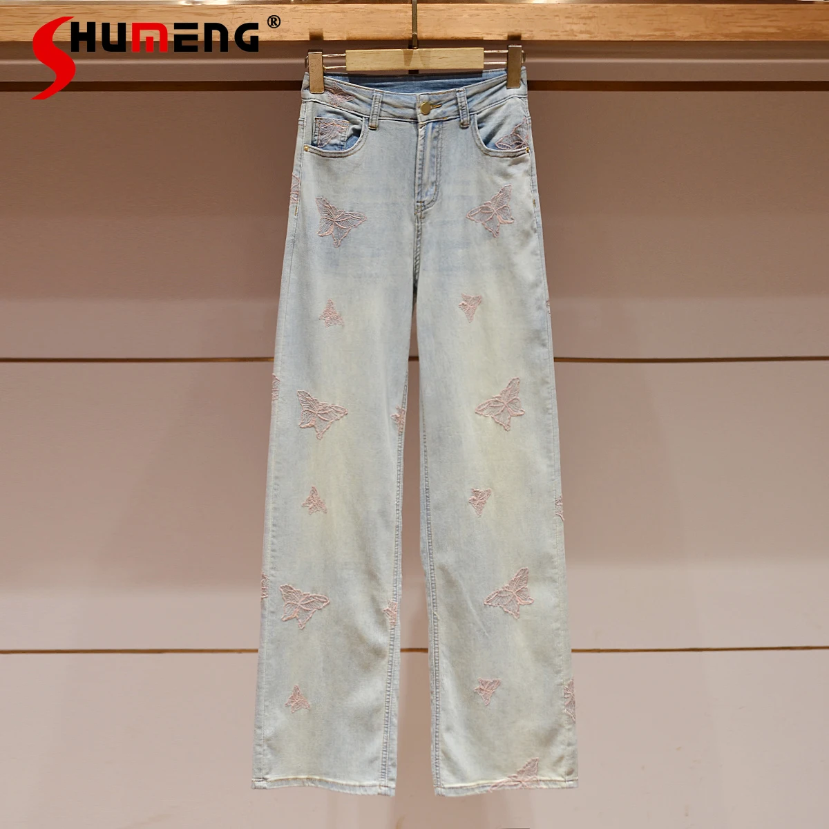 

Sweet Bow Embroidered Jeans for Women 2024 Summer New Casual High Waisted Slimming Light Blue Denim Straight Trousers Female