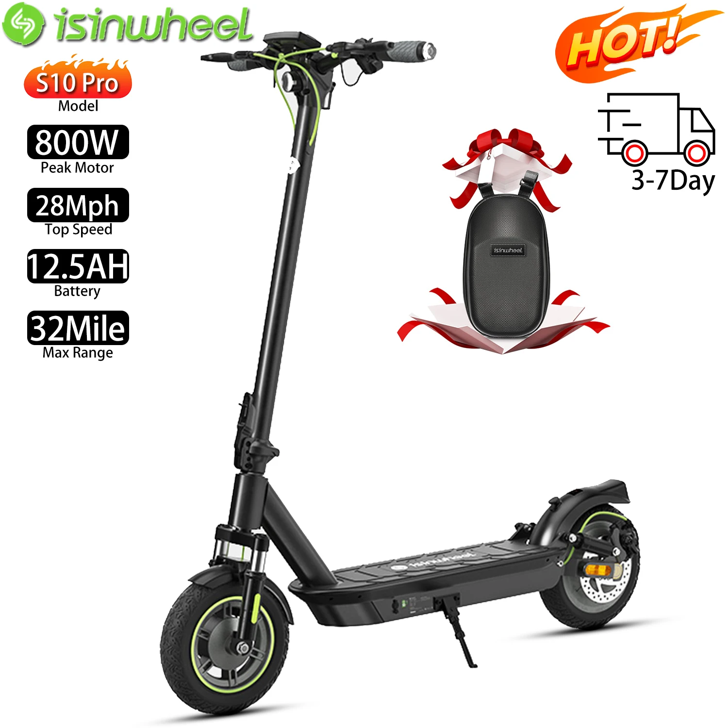 

Складной электрический самокат lsinwheel S10 Pro 10 дюймов с двигателем 800 Вт, верхняя скорость, 28 миль/8, 48 В, 12,5 Ач, диапазон 32 миль, городской электронный самокат