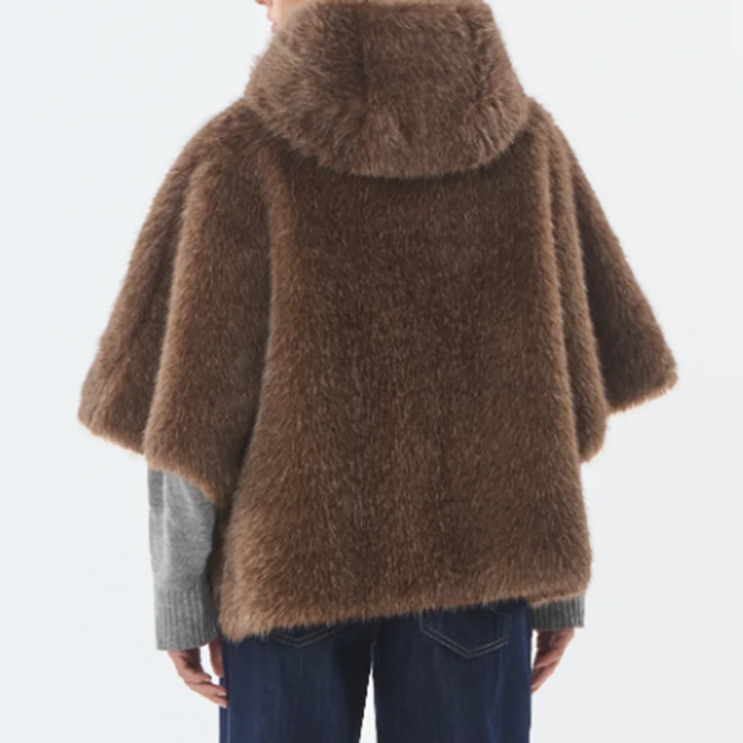 2026 Women Faux Fox Fur Hooded Cape Coat, Short Batwing Sleeve Zipper Warm Poncho Outerwear Winter Fashion Top