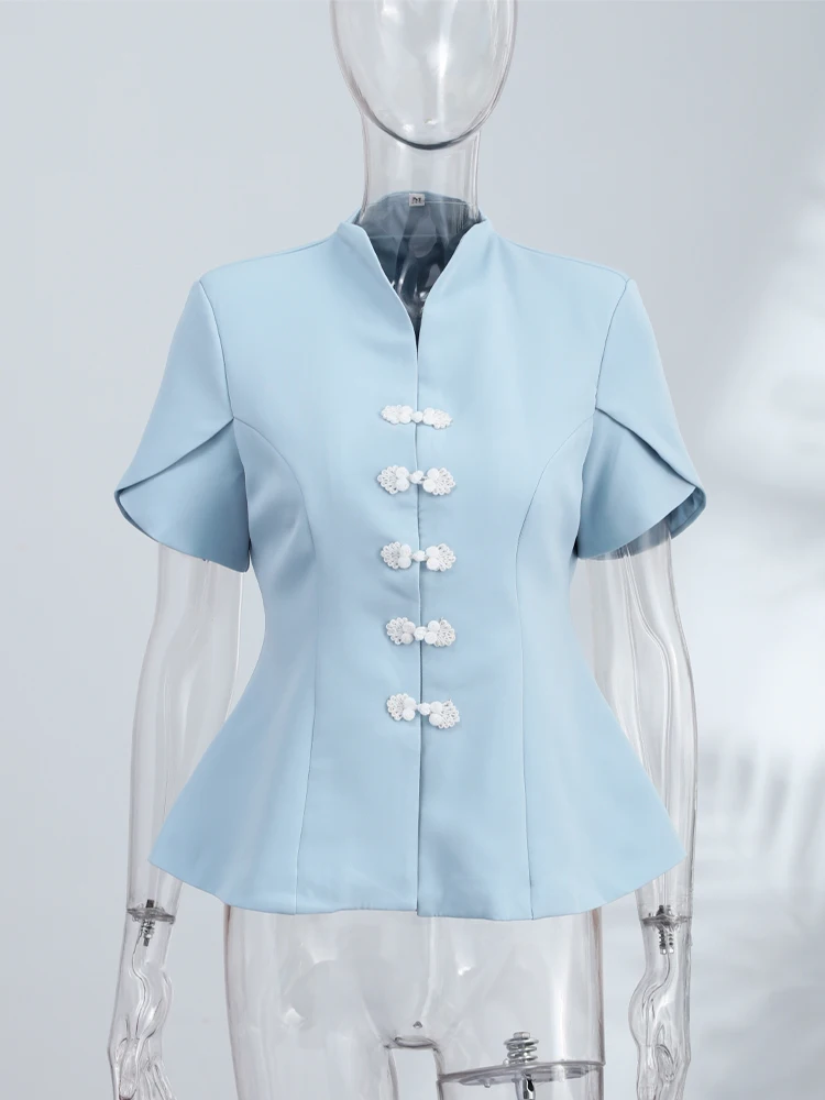 Puffärmel-Oberteil mit Froschknöpfen und Taillenschnürung für Damen, Vintage-Stehkragen, Kurze Ärmel, Rüschen, Schlankes Top, Modische Damenmode, Neue Streetwear – Detail 10