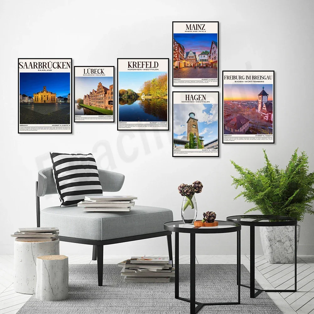 Saarbrücken, Mülheim, Hagen city, Kassel, Rostock, Mainz skyline, Lübeck, Krefeld, Freiburg skyline, Halle city travel poster