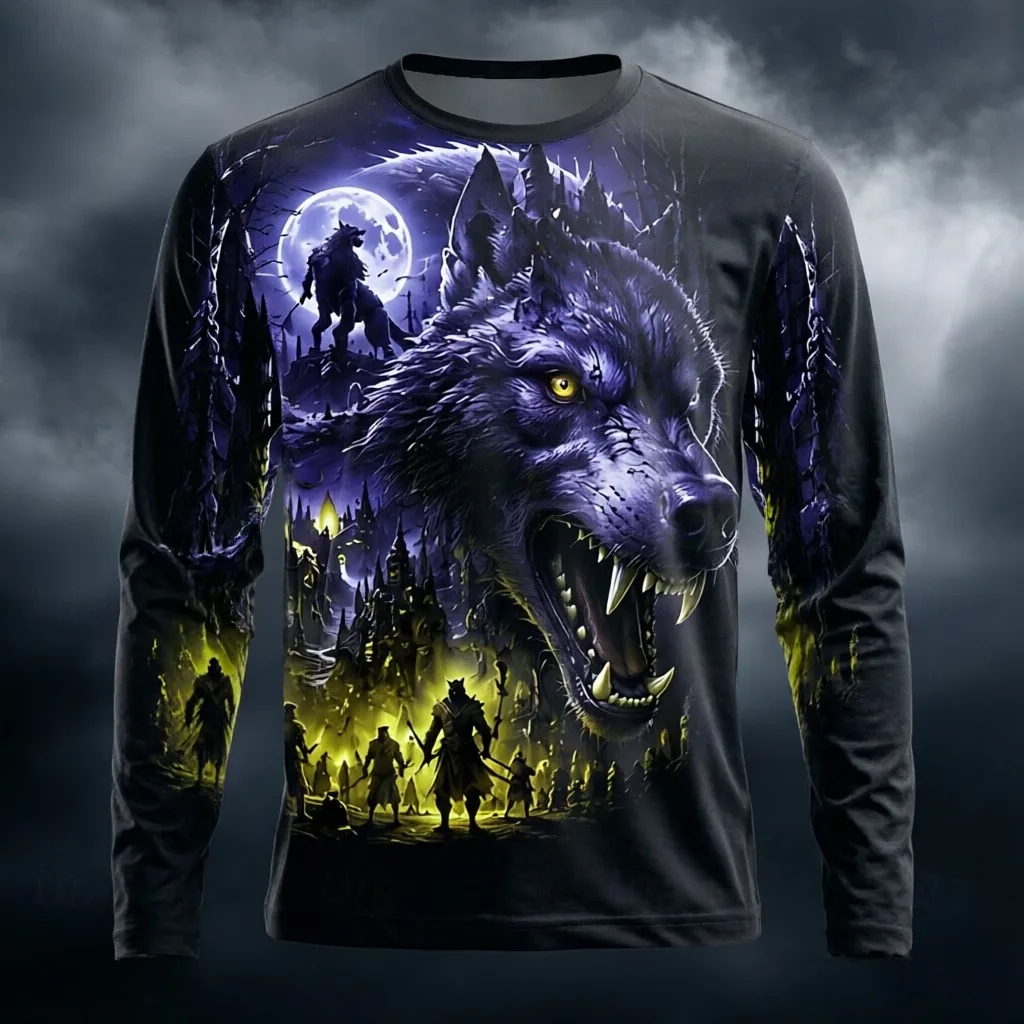 Men's Long Sleeve T-Shirt 3D Full Print Gothic Bull Skull Wizard Werewolf Dark Castle Halloween Street Crew Neck Tops