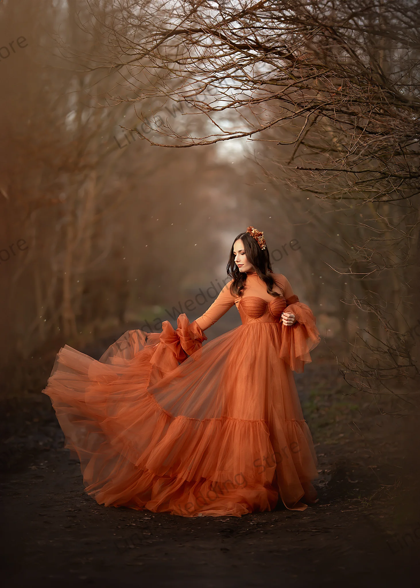 リンダフォトマタニティドレス女性用Aラインチュールフルスリーブガラガウンカスタマイズフロアレングス妊娠中のベビーシャワーガウン