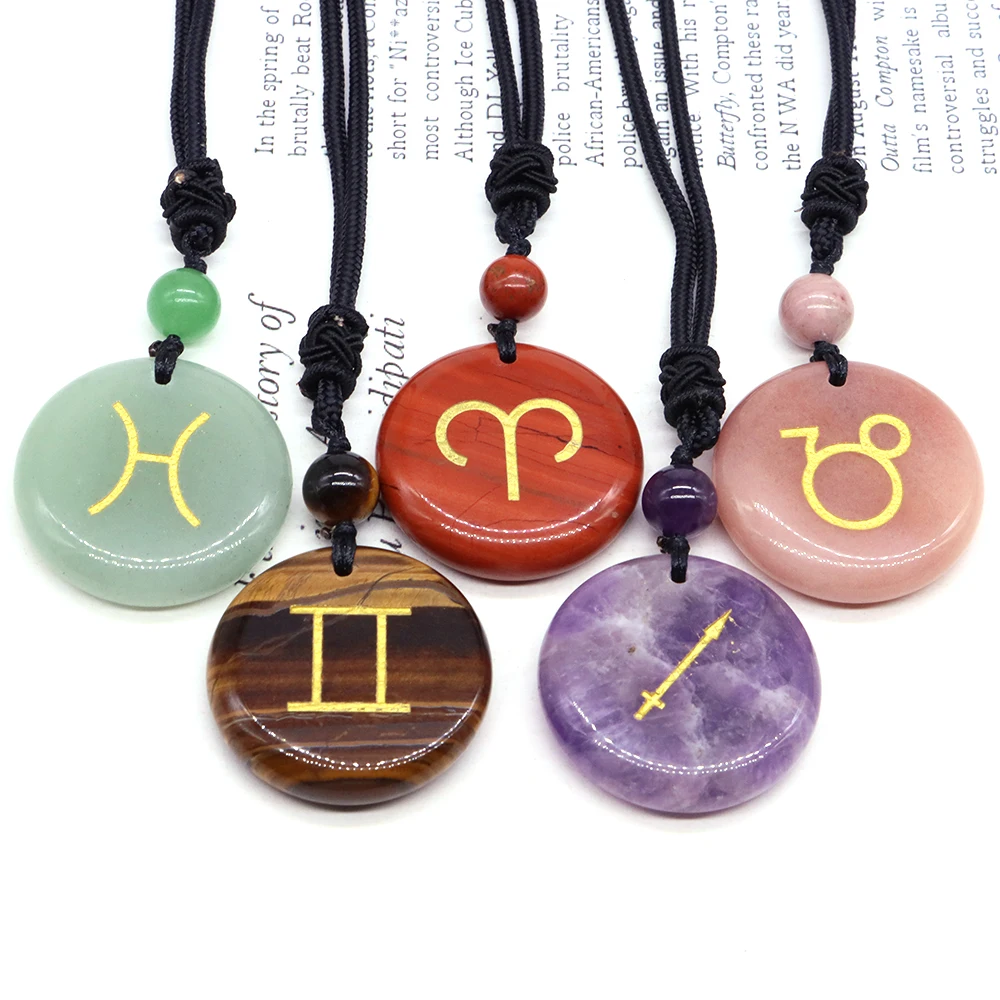 

Natural Stone Zodiac Pendant Reiki Gemstone Healing Crystal Necklace 12 Constellation Woman Birthday Gift DIY Jewelry Wholesale