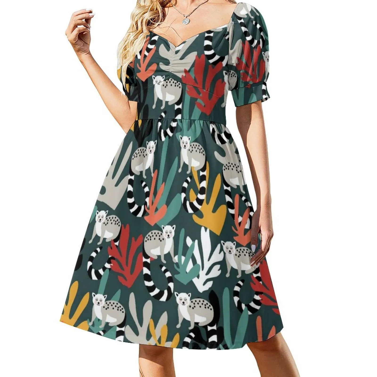 فستان بوهيمي بدون أكمام بطباعة ليمور مع أوراق استوائية للنساء، فساتين حفلات الشاطئ مطبوعة باللون الأصفر والأزرق والأسود والرمادي والوردي #2