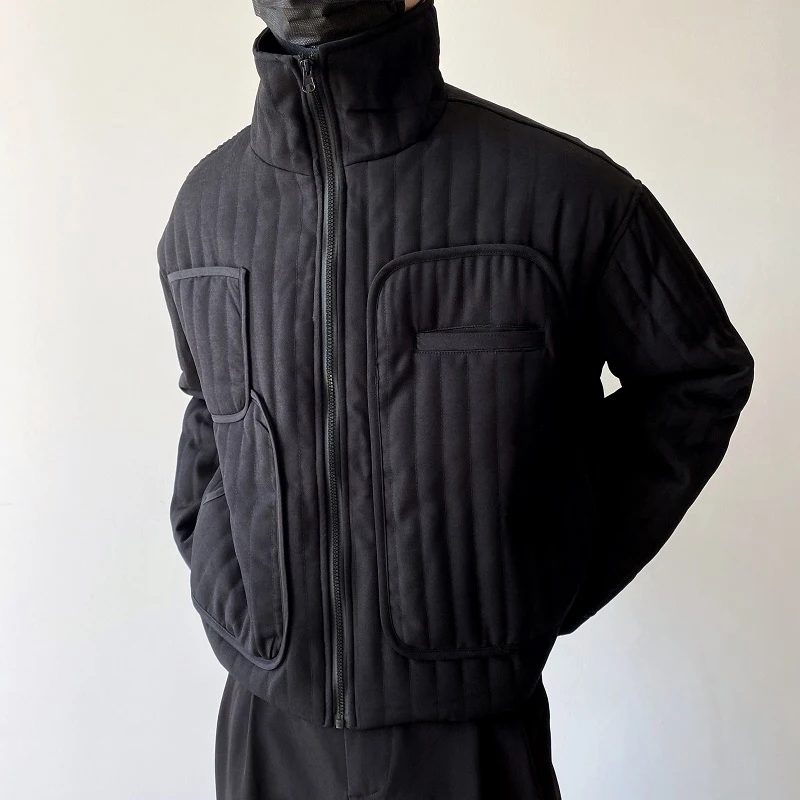 PFNW Inverno Stile Scuro Colletto Del Basamento da Uomo Breve Cotone Imbottito Vestiti 2024 Nuovo Maschio Semplice di Colore Solido Cappotto Tasca