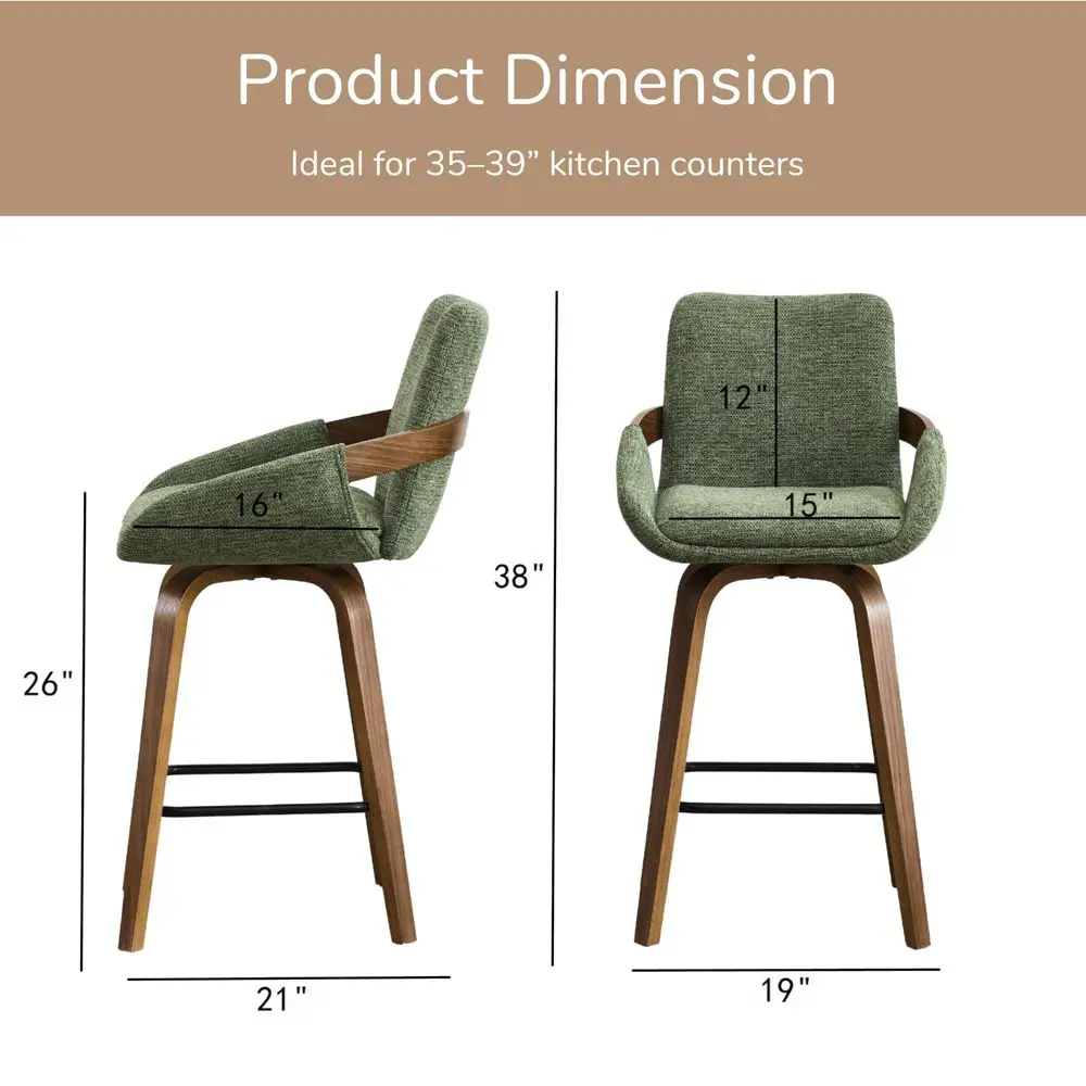 

Height Swivel Bar Stools Set of 3, 26 Linen Fabric Counter Stools with Walnut Bentwood Back, Cozy MidCentury Modern Swivel Bar