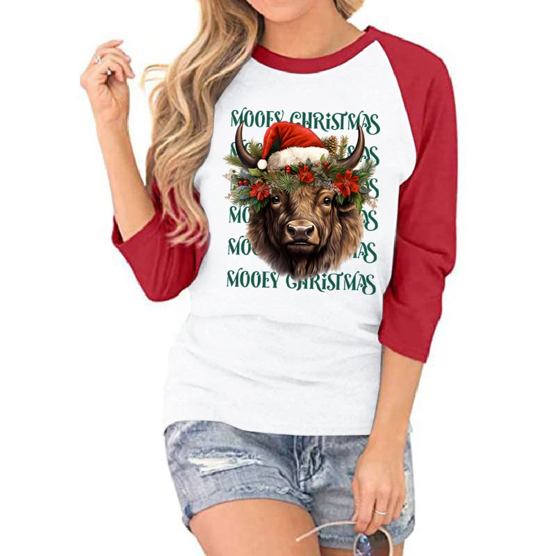 Cow Mooey Christmas Seven Sleeves Shirt Women Summer Shirt Creative Fashion Three Quarter Sleeve Shirts Round Neck Tops T-shirts