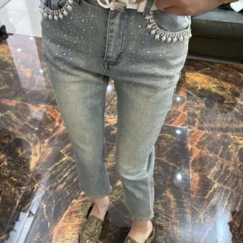 Tüm eşleşen kot kadın bahar ve yaz yeni kore tarzı yüksek bel ağır sanayi boncuk sıcak sondaj çapak sigara pantolon