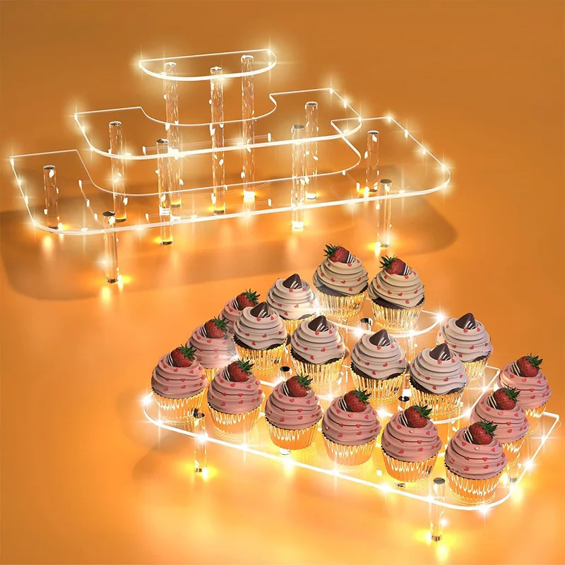 

2/3 Tier Clear Oval Cupcake Stand Acrylic Cupcake Tower Holder Cady Bar Party Décor with Light for Weddings,Birthday Parties