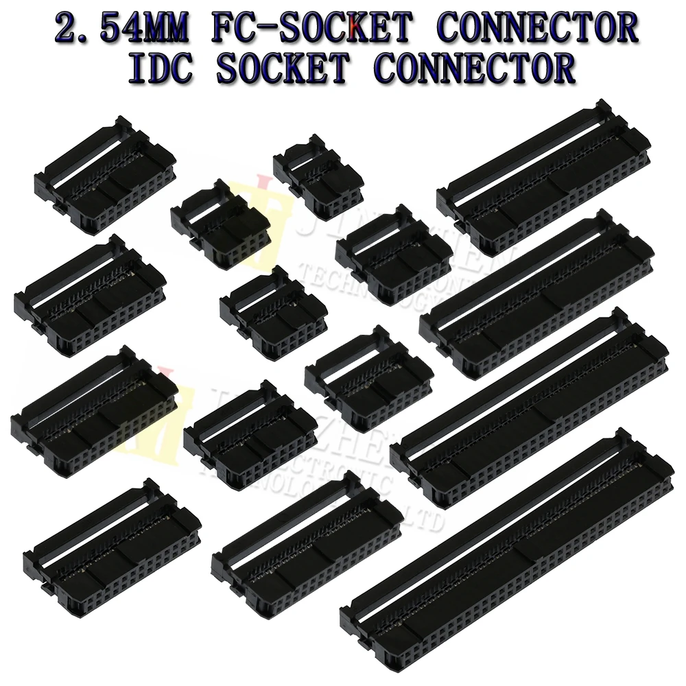 10pcs FC 2.54mm 6/810/12/14/16/18/20/24/26/30/34/40/44/50/64 Pin FC IDC Female Header Socket Connector For 1.27mm Pitch Flat Cab