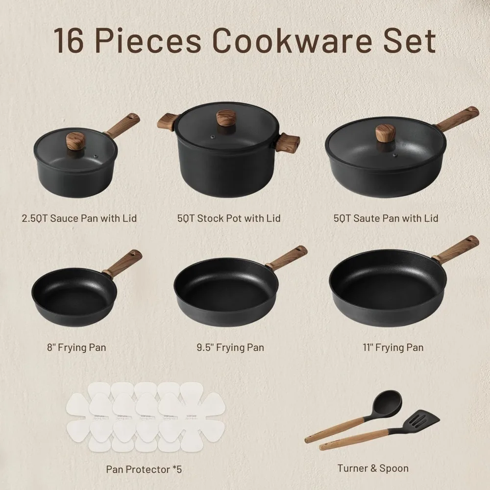 CAROTE 16pcs Pots And Pans Set Non Stick, Nonstick Kitchen Cookware Sets, Induction Cookware Sets With Stay-Cool Handle, Black