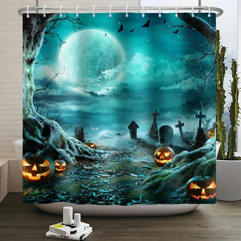 

JHB23Halloween Shower Curtain Horror Night Pumpkin Full Moon Witch Skull Gothic Waterproof Fabric Shower Curtain for Bathroo9Kj(