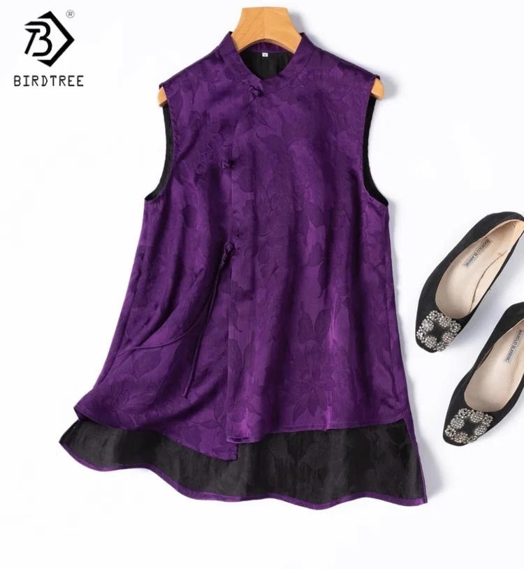 

Birdtree Summer 100% Silk Waistcoat,Women's Jacquard Stand Collar Diagonal Placket Solid Coat,New 2025 T55914JF