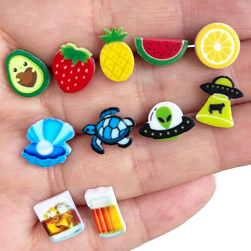 10 Pairs Print Small Acrylic Turtle Fruit Summer Stud Earrings Girls Jewelry Gifts Wholesale