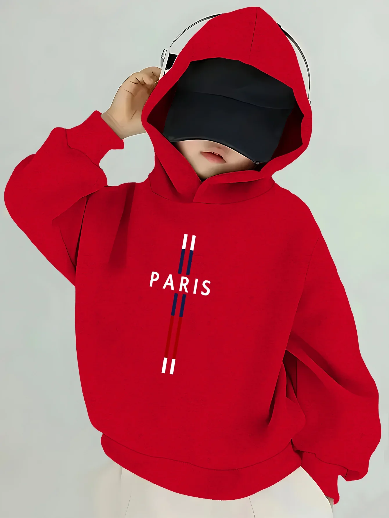 Boys' Red Hooded Sweatshirt Paris France Lettering & French Flag Print Casual Pullover Sweater for Autumn/Winter Mac