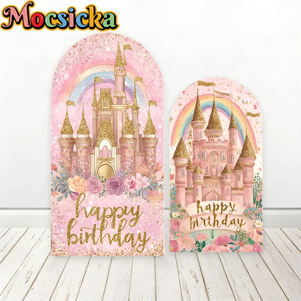 Mocsicka Castle Happy Birthday Arch Cover Backdrop Little Princess Baby Photo Arched Background Pink Flower Decor Shooting Props