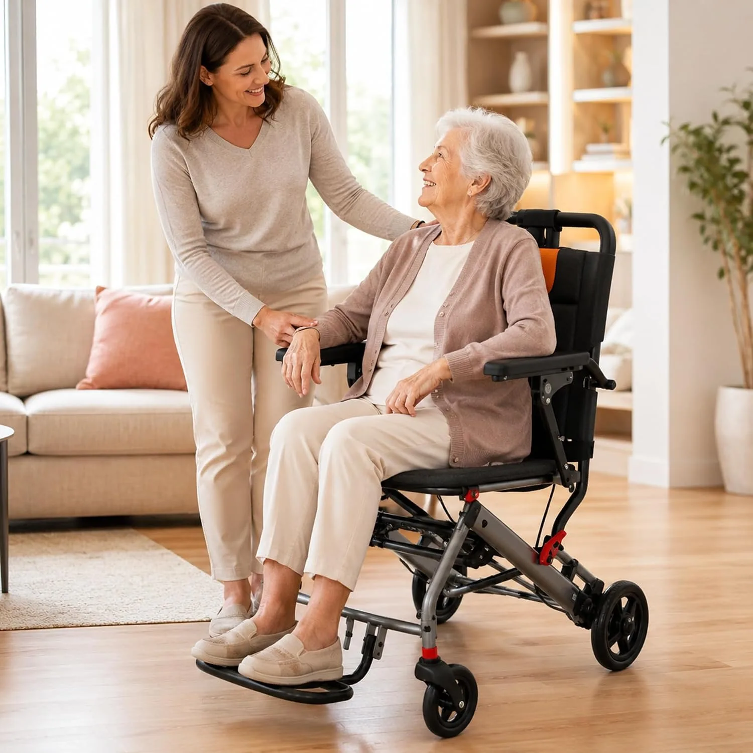 Lightweight Folding Transport Wheelchair for Adults 25 LB Aircraft Grade Aluminum Frame Wide Seat Flip Back Padded Armrests Swing Away Detachable Footrests Portable Travel Mobility Chair Gray Orange - view 6