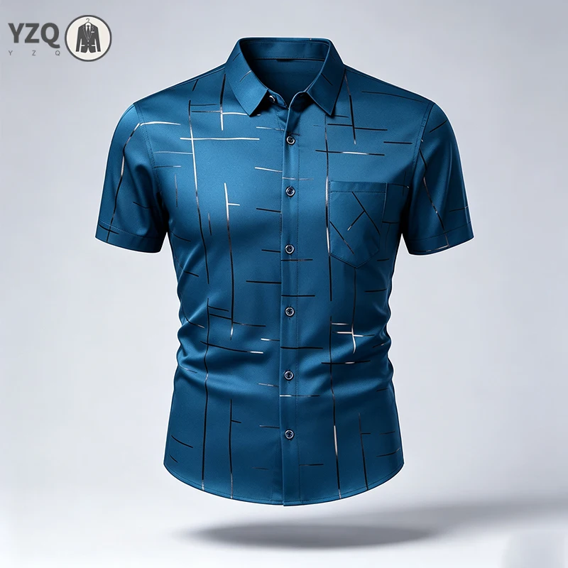 Male Casual Button Up Shirt Stretch Silky Fabric Geometric Line Print Chest Pocket All Match Summer Apparel