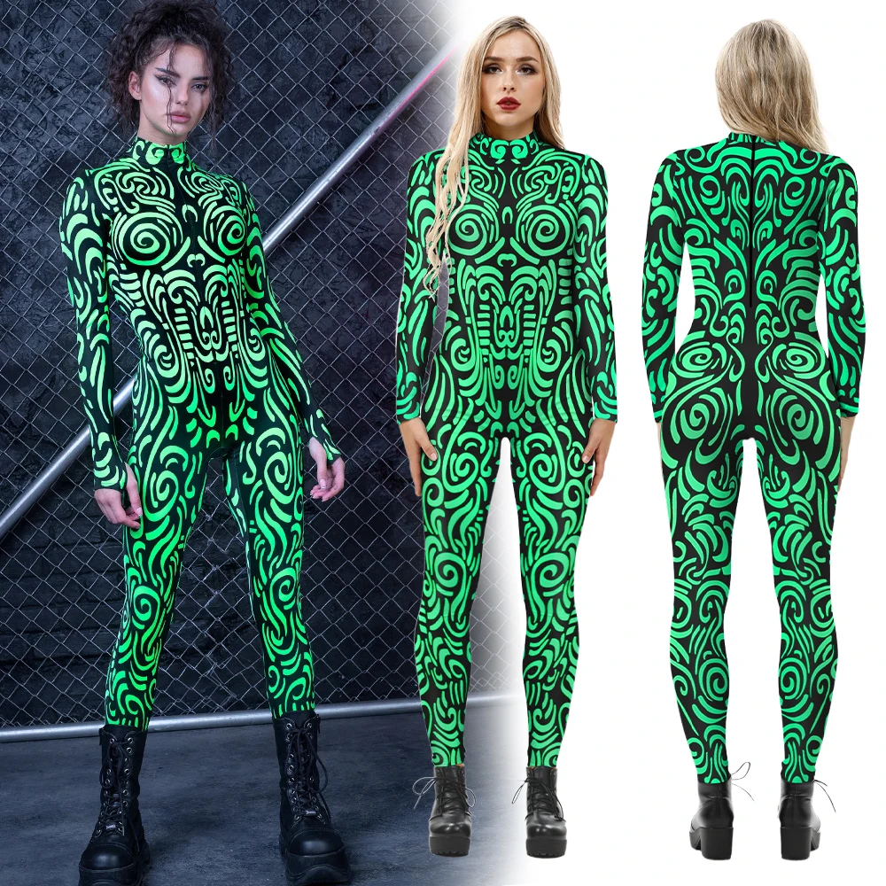 VIP FASHION Women Rave Cosplay Costume Green Pink Geometry Print Jumpsuits Ladies Halloween Party Holiday Zentai Bodysuit Outfit