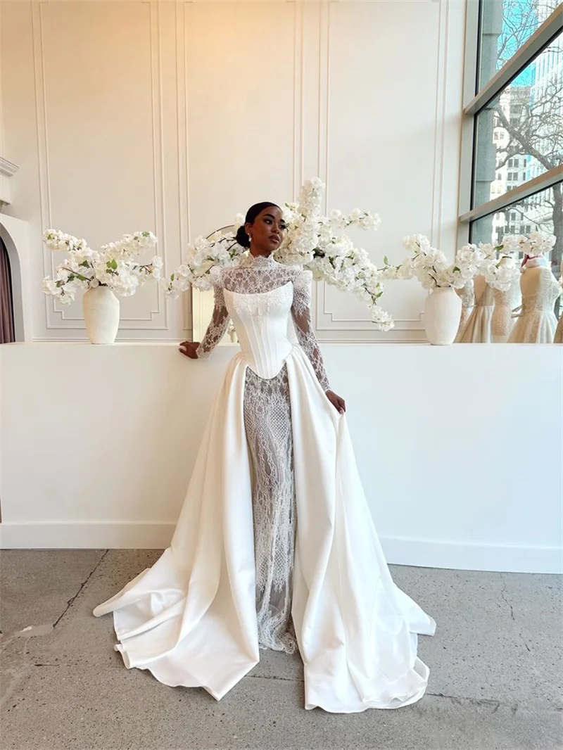 

White Lace Mermaid Women Wedding Dresses High Neck Full Sleeves Overskirt Bridal Gown Beach Boho Customized Lace Up Back Robe