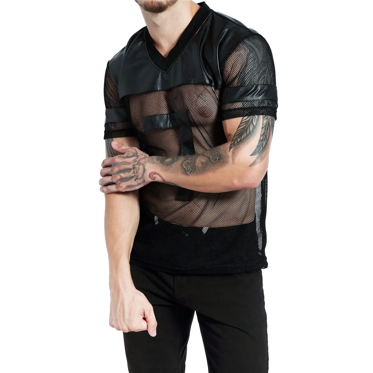 

Sexy Men Mesh PU Leather Patchwork See Through Tops Tee Transparent Short Sleeve V-neck T-shirt Perspective Top Underwear Shirt