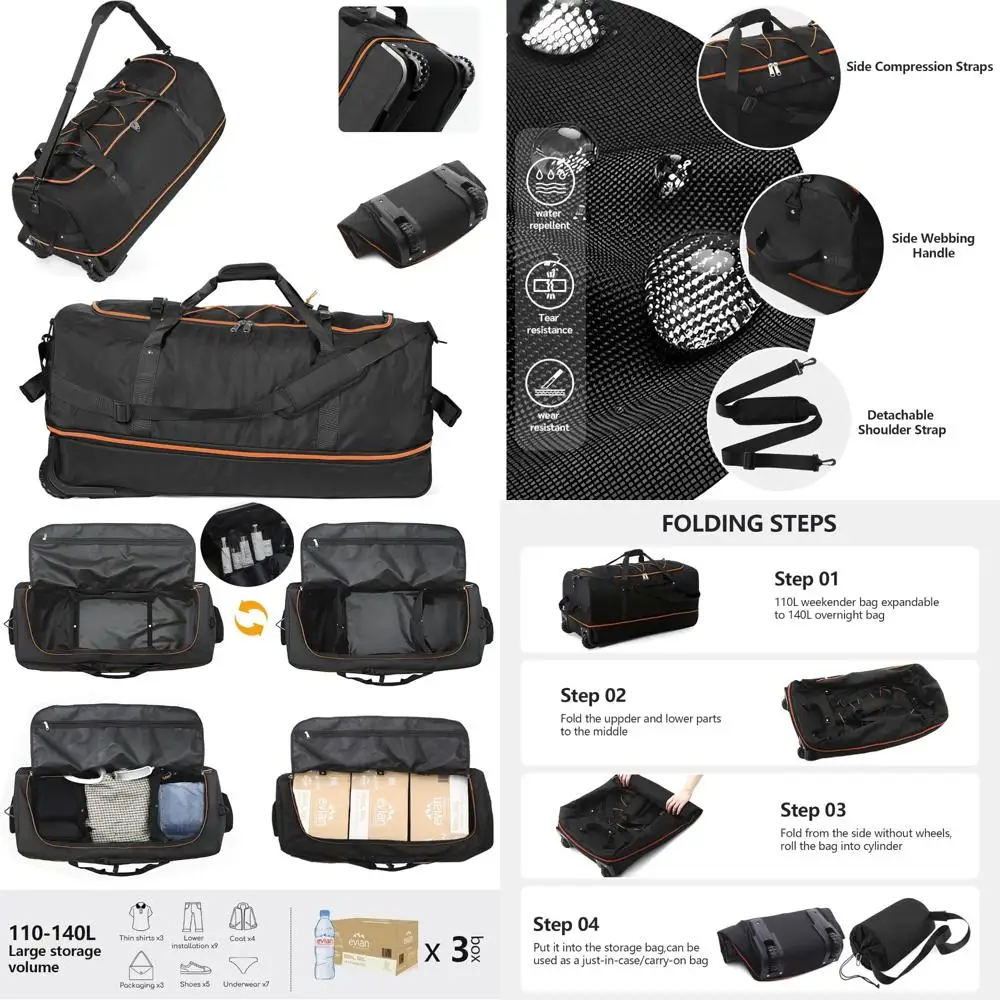 

Expandable Rolling Duffle Bag with 2 Wheels, 110L to 140L Capacity, Foldable Travel Bag with Multiple Compartments