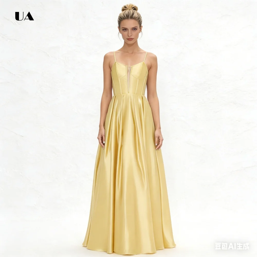 ULBYANRY Schlichtes A-Linien-Abschlussballkleid mit Spaghettiträgern, solides Satin-Abendkleid mit V-Ausschnitt und transparenten Details, individuelles Partykleid