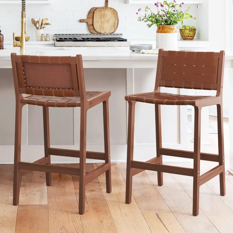 Counter Height Bar Stools 24 inch, Set of 2 Faux Leather Woven Counter Stool with Backs, Woven Strips Rattan Barstools