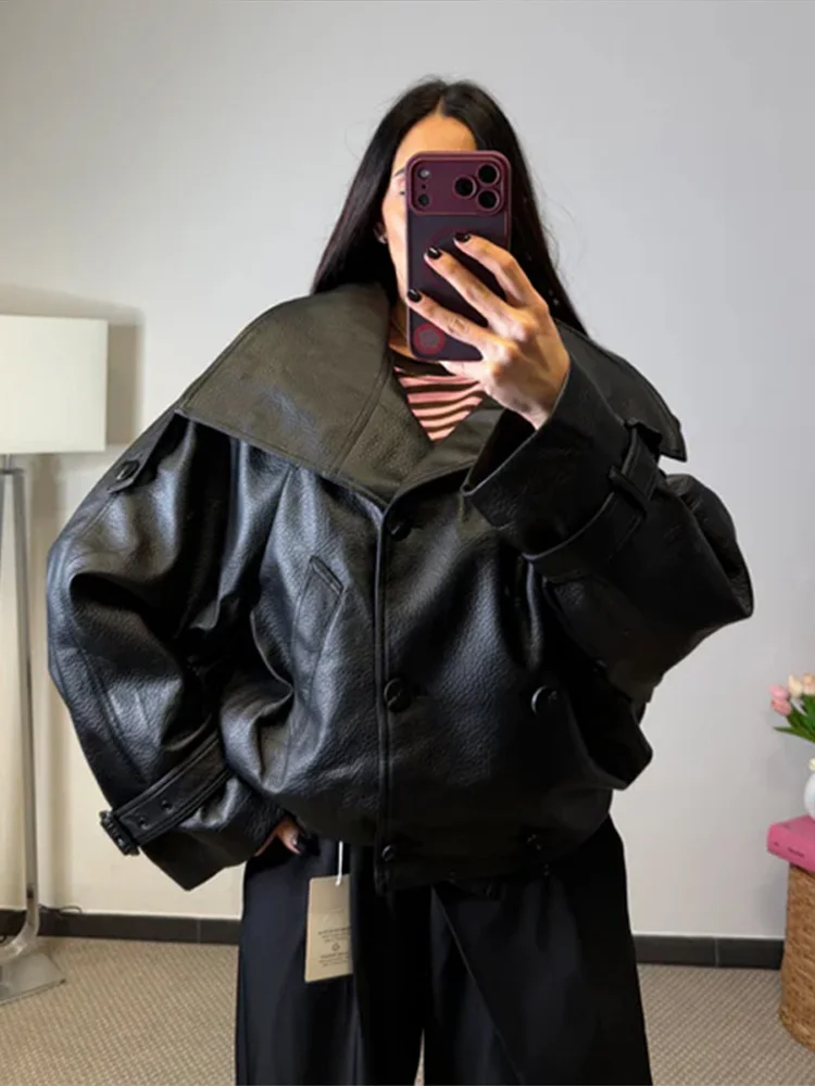 Damen Kunstlederjacken mit Stehkragen, Epauletten, Doppelreihig, Lange Ärmel, Oversize-Mäntel, Schicke Damen-Oberbekleidung in Unifarben – Detail 10