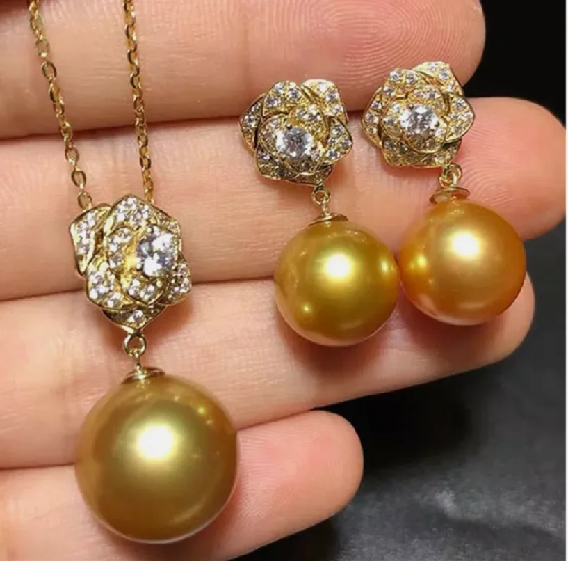 

Gorgeous AAAAA 10-11mm South Sea Golden ROUND Pearl Pendant Earring Set 925s