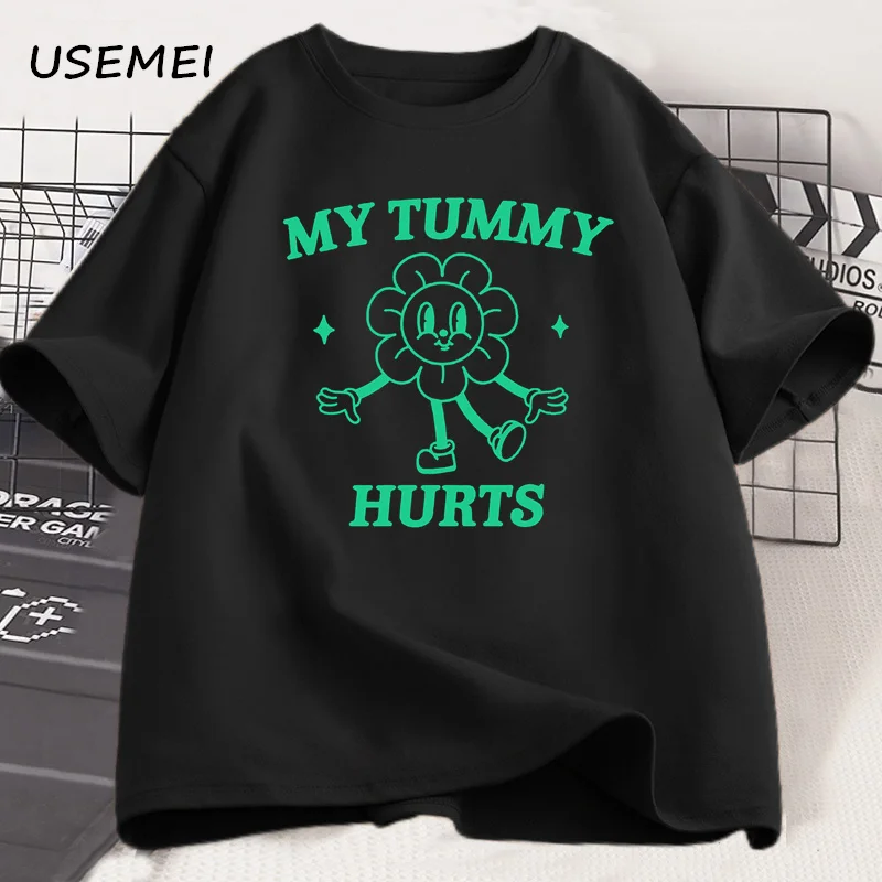 My Tummy Hurts Tshirt Tummy Ache Survivor Meme T Shirt Funny Retro Cartoon Cotton Short Sleeve Tees Round Neck Streetwear Tops