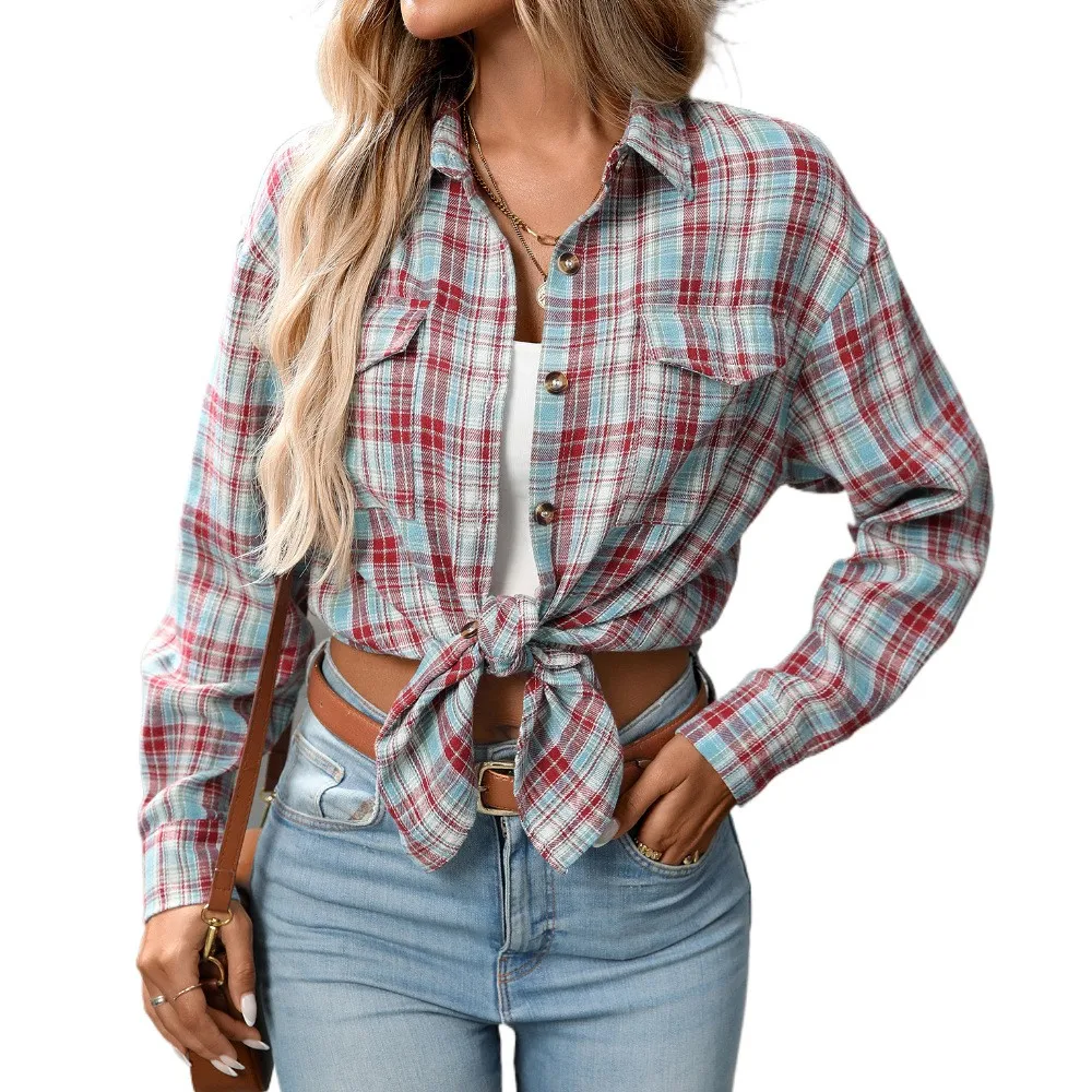 

Red Plaid Tied Waist Casual Blouse Women Blouse Long Sleeve Checkered Plaid Shirt Loose Fit Mid Length Collar Button Down Shirt