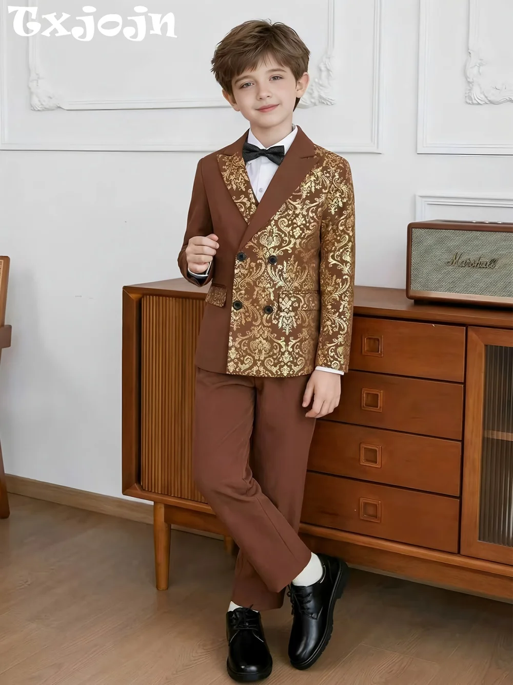 

Txjojn Boys Gold Stamping Suit Set 2 Pieces Jacket Pants Banquet Party Wear Classic Peak lapel Kids Formal Tuxedo For Birthday