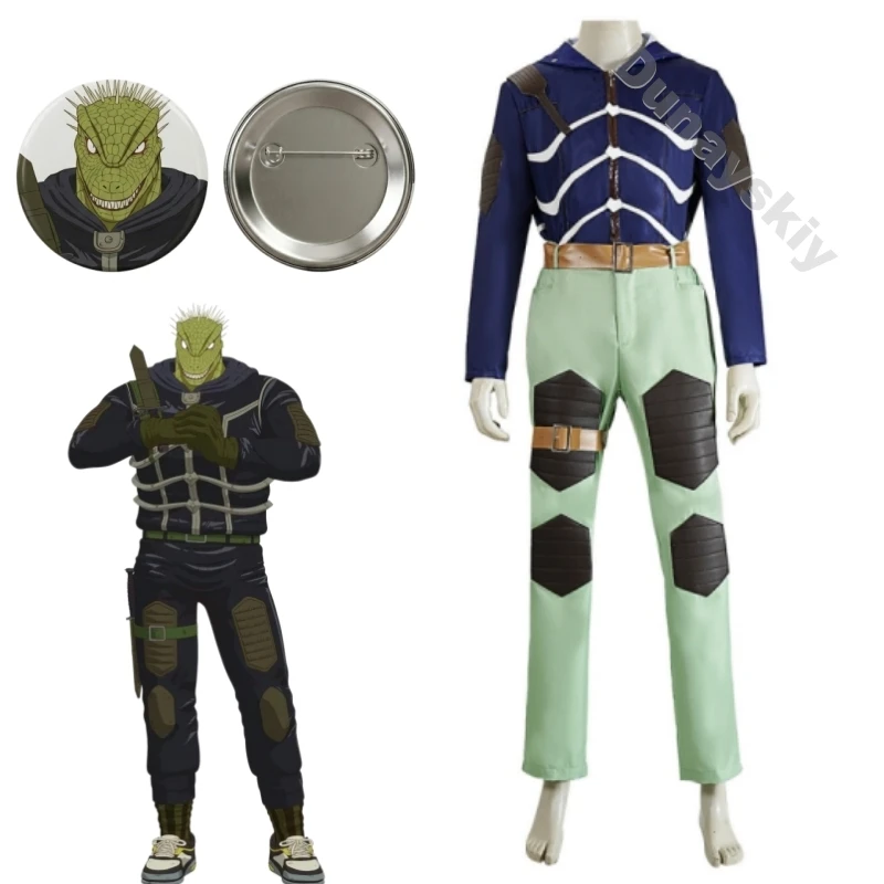 

Anime Dorohedoro Caiman Costume Badge Cosplay Full Set Lizard Character Hooded Outfit Blue Hood Jacket Light Green Pants Cos Set