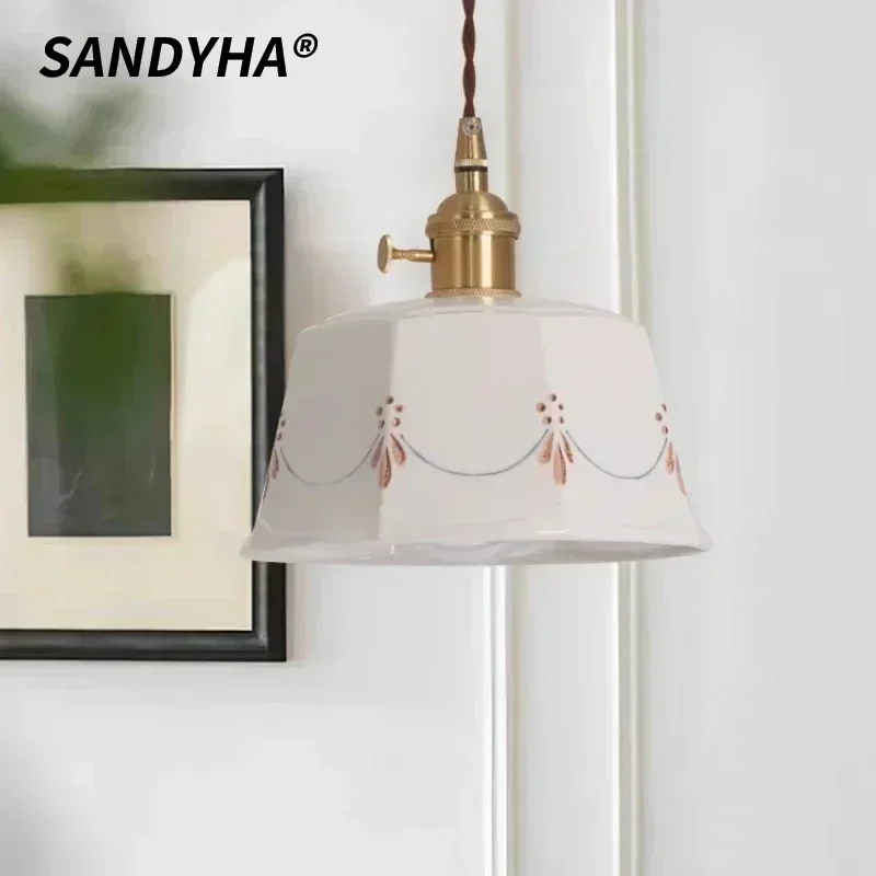 

SANDYHA Modern Ceramic Lampshade with All Copper Design Chandelier LED Lamp Parlor Bedroom Decoration Study Lighting Fixtures