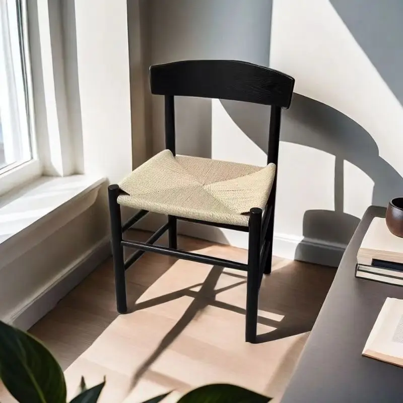 Koling chair solid wood Nordic medieval Japanese rattan woven rope ins coffee milk tea shop casual J39 Shake diningchair