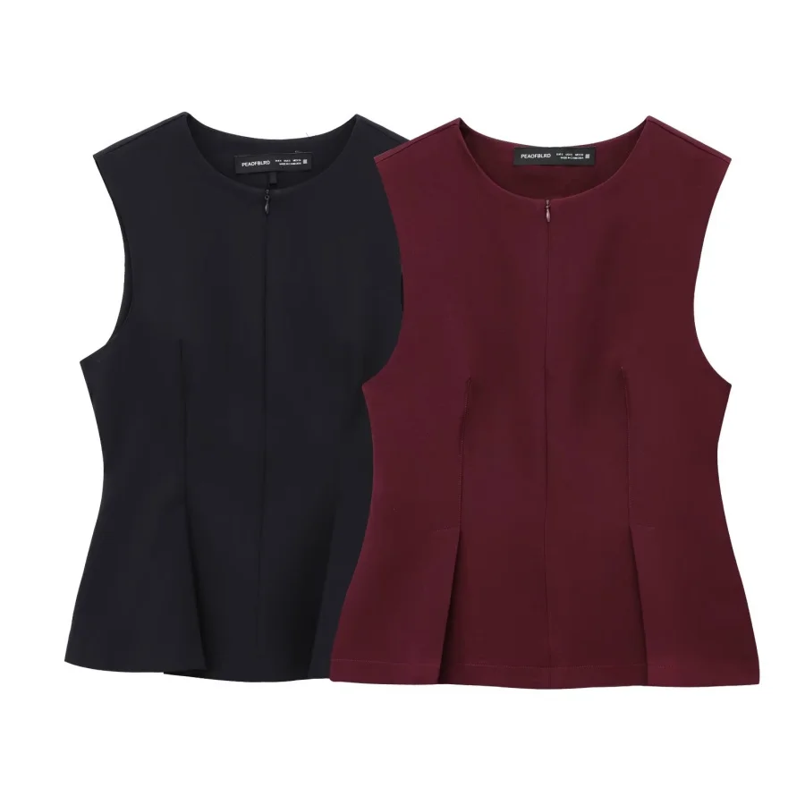 2025년 겨울 신상 여성 프렌치 지퍼업 라운드넥 민소매 허리 스커트 플리츠 밑단 탑