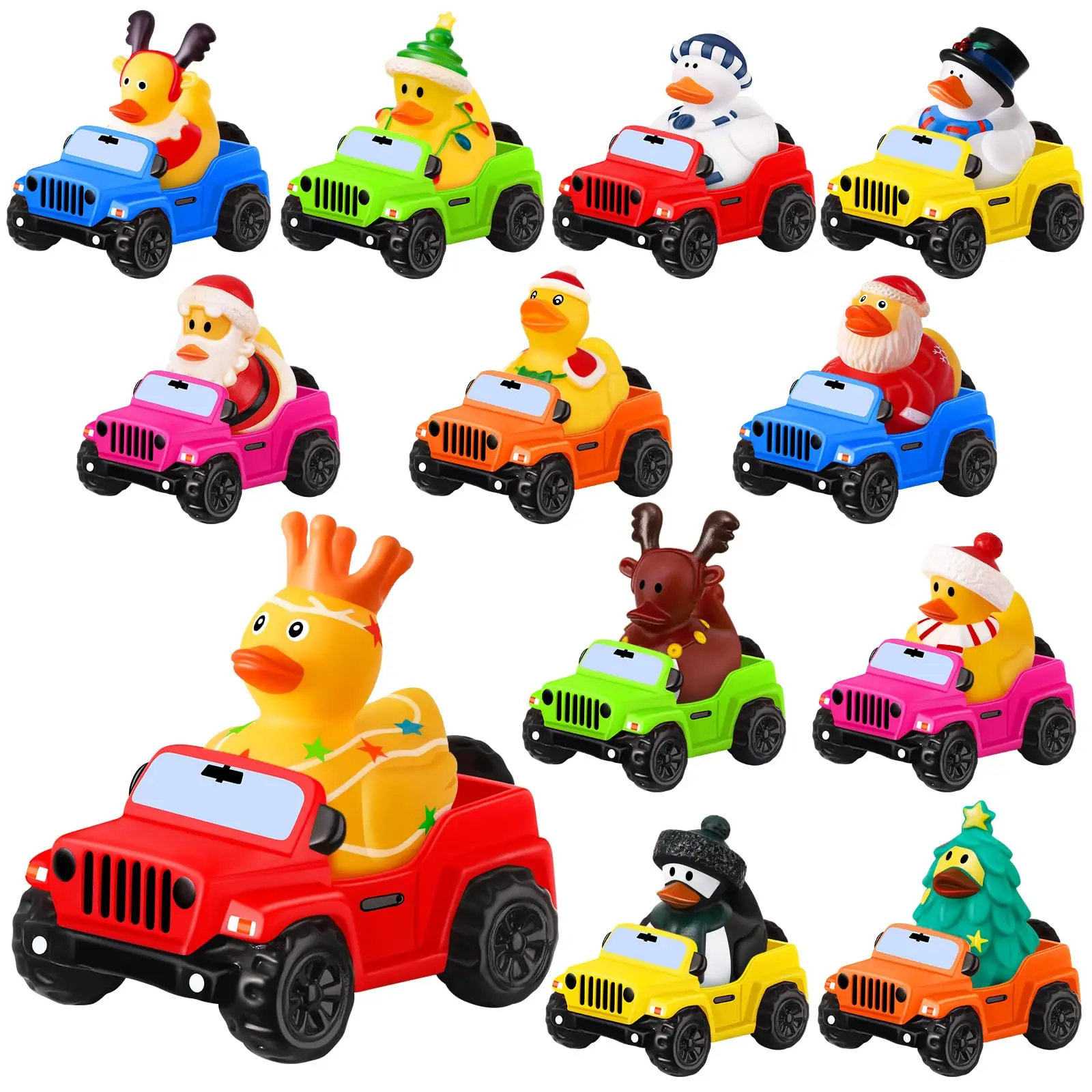 24 patos de goma para patos Jeep navideños, patos Jeep de 3,5 pulgadas para patos, Jeeps adecuados para patos de 2 pulgadas, 12 gomas navideñas