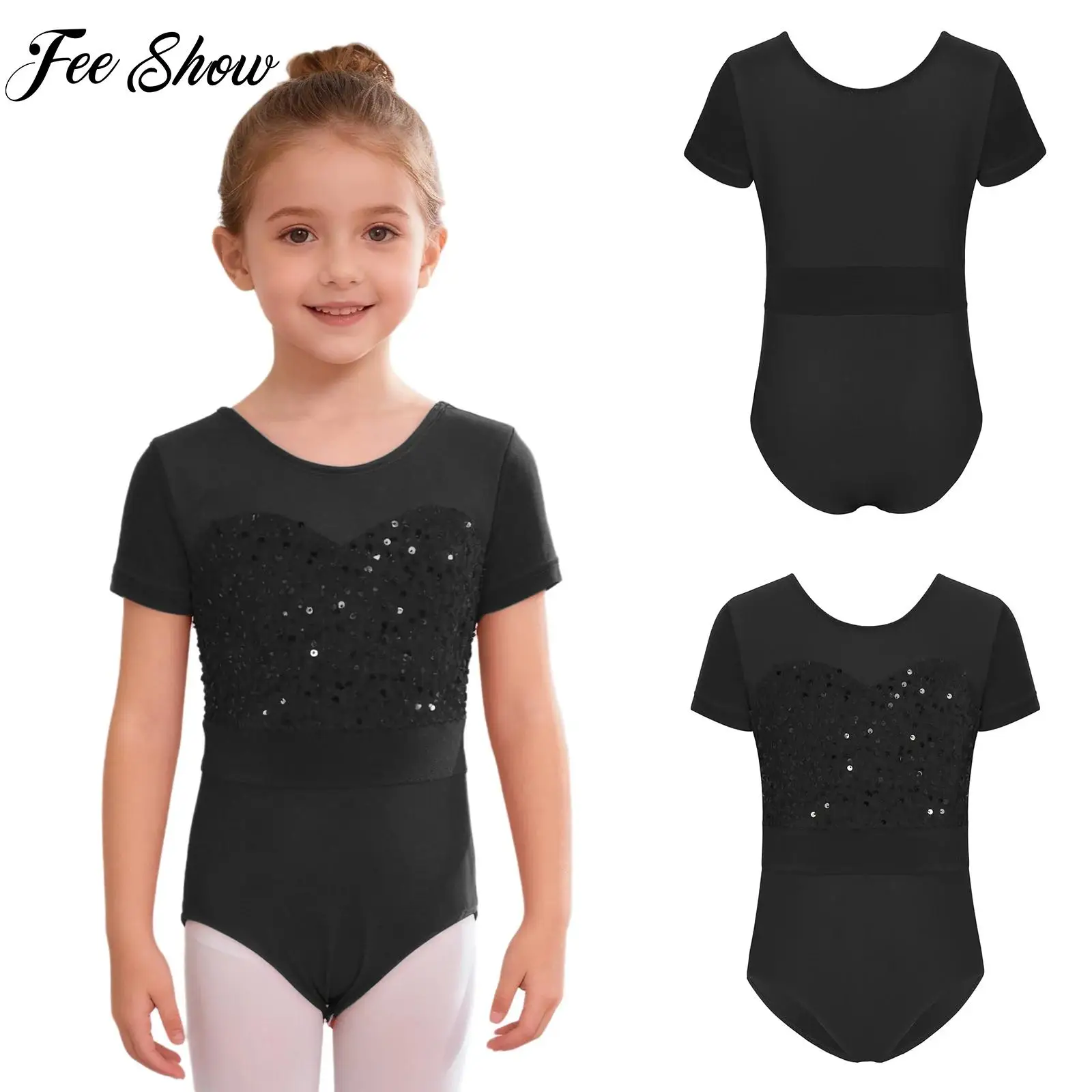 Justaucorps de danse de Ballet à manches courtes pour filles, paillettes brillantes, boutons à pression en velours, body d'entrejambe, justaucorps de gymnastique, vêtements de danse
