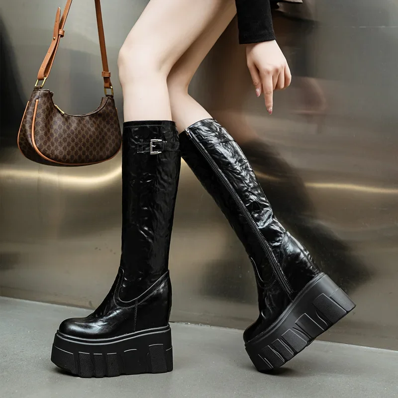 Fujin 14cm 2024 Synthetic Patent Microfiber Leather Platform Wedge Women Boots Spring Knee High ZIP Fashion Autumn Booties Shoes