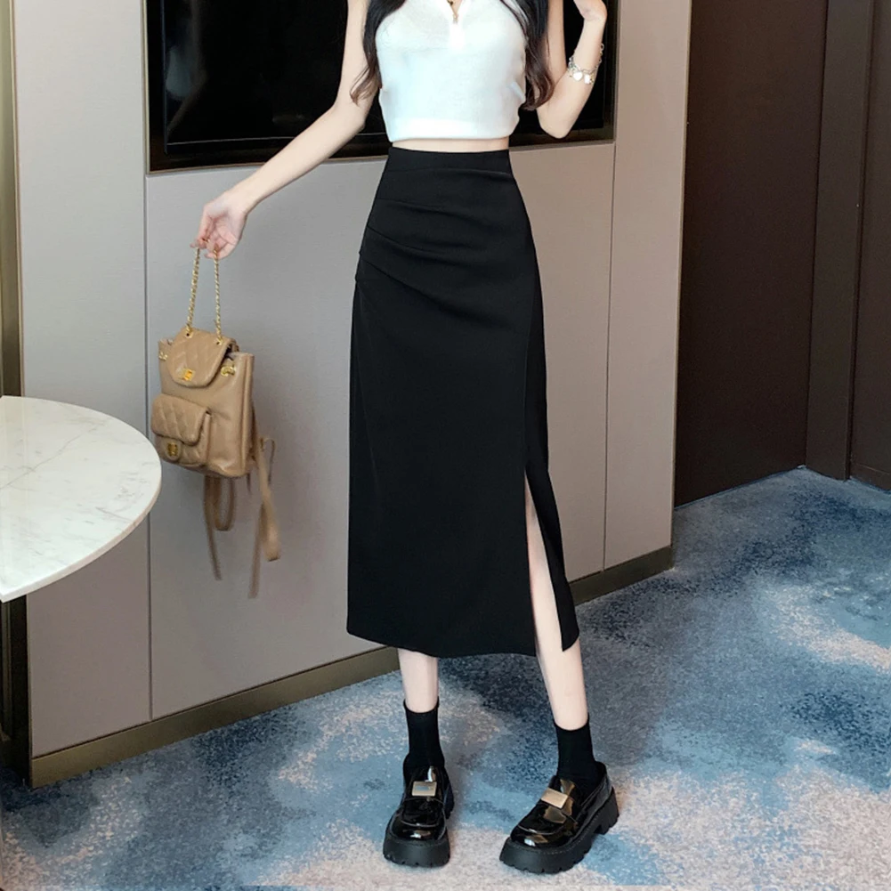 

Повседневная однотонная юбка, модная юбка с боковыми разрезами, микроэластичная полиэфирная ткань, абрикосовая юбка, повседневная черная юбка с боковыми разрезами