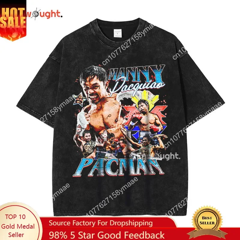 Manny Pacquiao Boxing Champion T shirt Vintage Washed Short Sleeve Tops Tees Oversized T-shirt Harajuku Sweatshirt Men Cotton