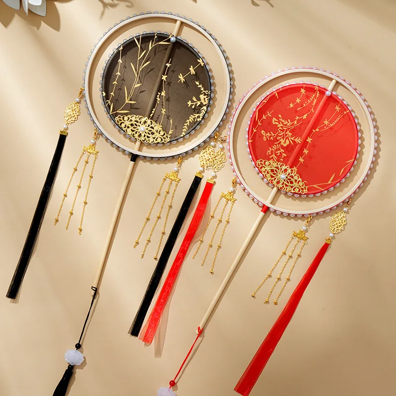 New Chinese Style Long Handle Fan Gold Embossed Double Ring Fan Hanfu Photography Props Long Tassel round Fan Dance Fan Photo Pr