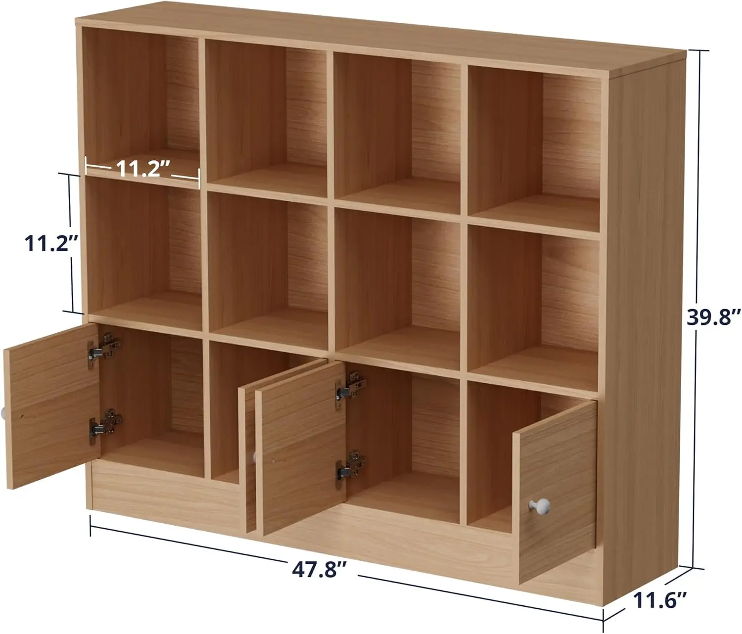 3 Tier Bookshelf, 12 Cube Storage Organizer Shelf with 4 Doors, Open Cube Bookcase with Anti-Tilt Device for Bedroom