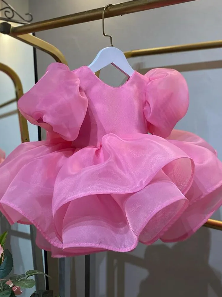 Vestido rosa de flores hinchado para niña, tul para boda, cuello redondo con lazo hasta la rodilla, fiesta de cumpleaños de princesa, desfile de graduación